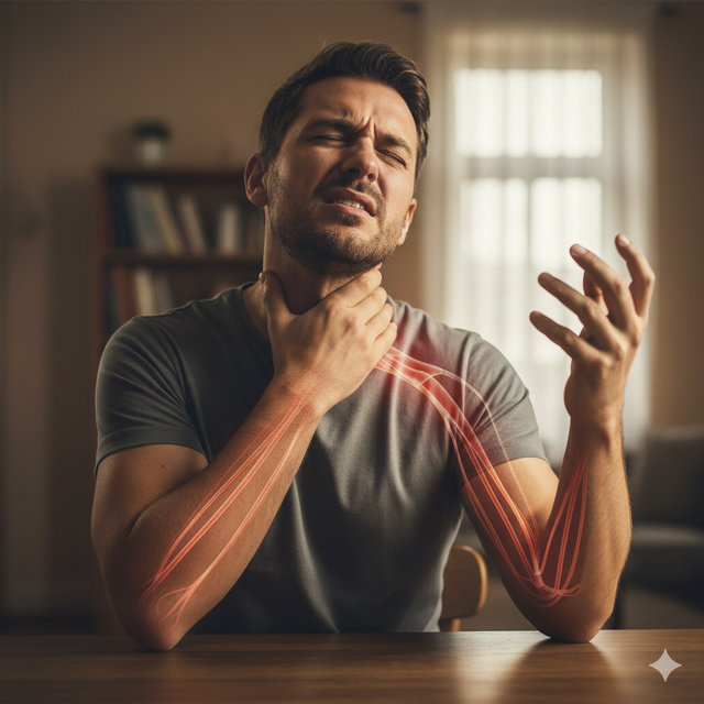 Illustration anatomique du syndrome du défilé thoraco-brachial montrant la compression du plexus brachial entre la clavicule et la première côte