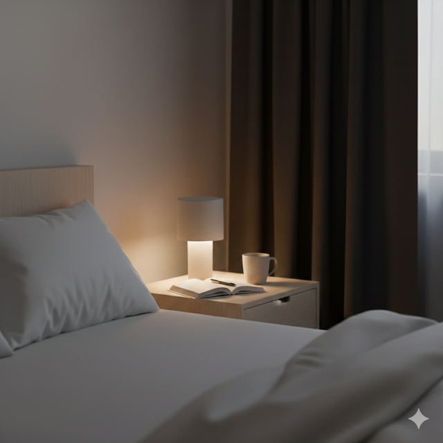 Chambre sombre et apaisante avec lumière douce, symbole du sommeil réparateur et fertilité