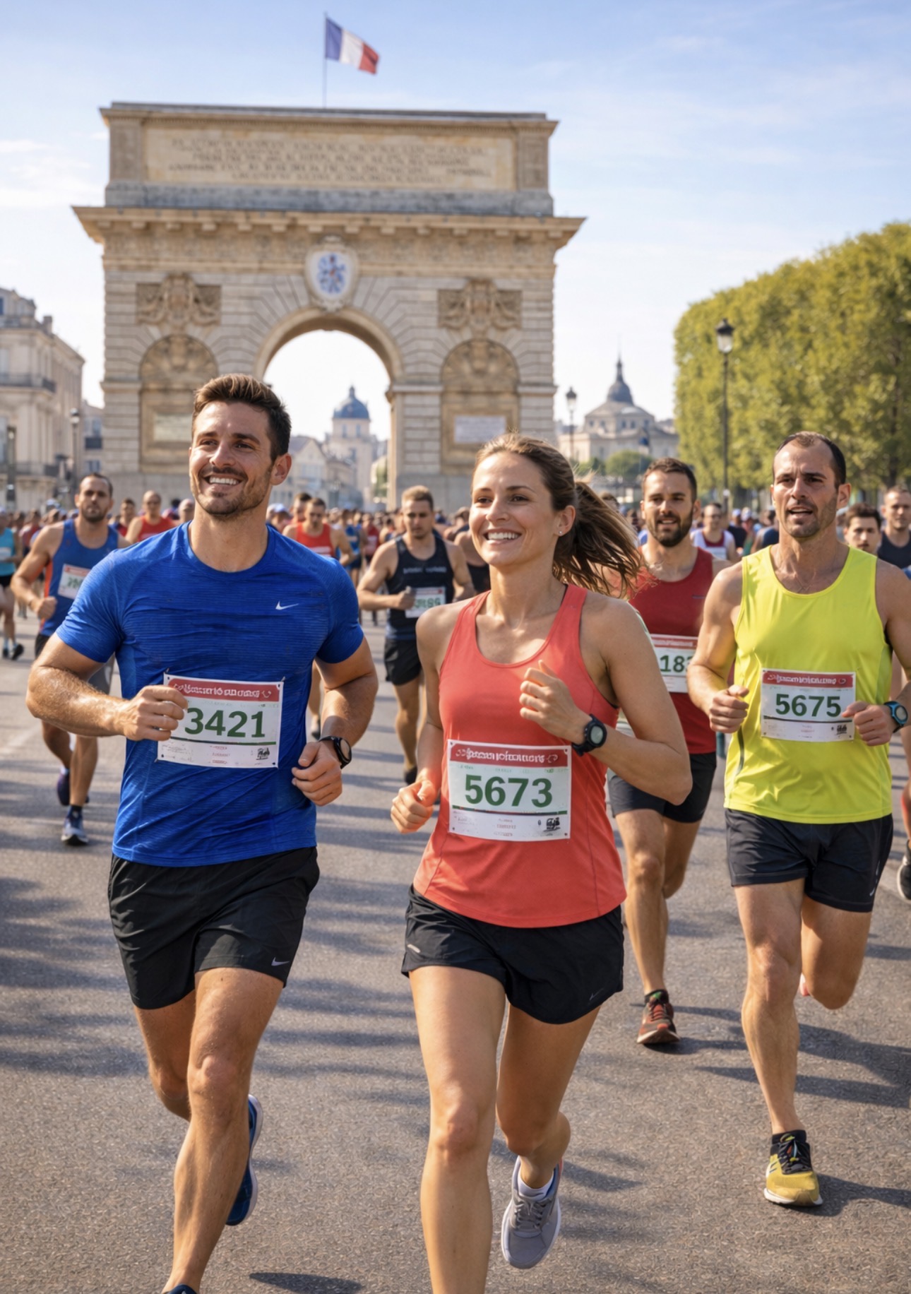 Coureurs participant au Marathon de Montpellier devant l’Arc de Triomphe du Peyrou – illustration ostéopathe du sport à Montpellier et prévention des blessures en course à pied