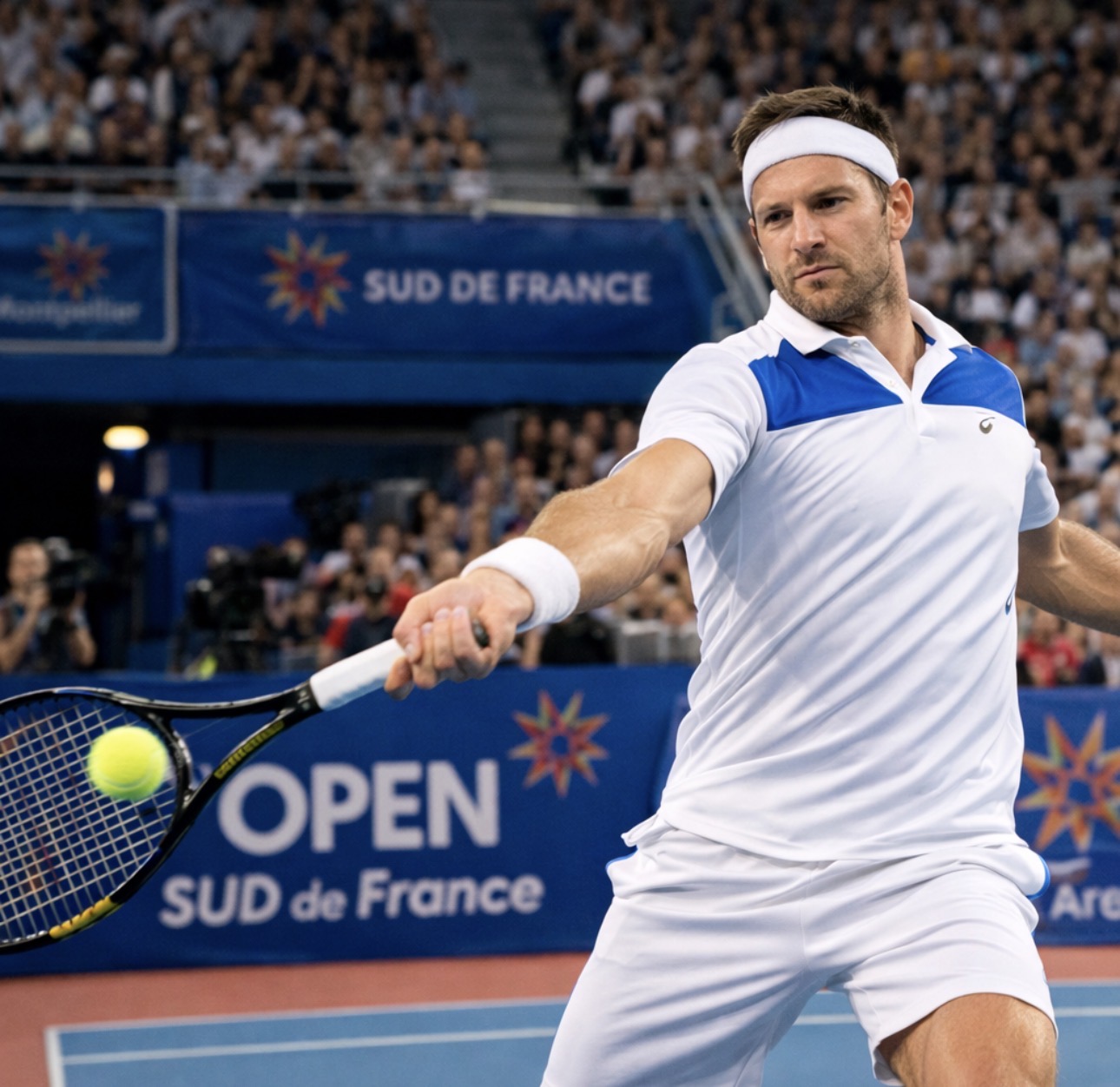 Joueur de tennis professionnel à l’Open Sud de France à Montpellier – illustration des contraintes sportives prises en charge en ostéopathie du sport à Montpellier