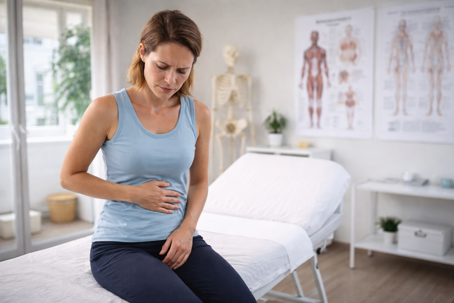 Femme souffrant de douleurs pelviennes liées à l’endométriose dans un cabinet d’ostéopathie à Montpellier